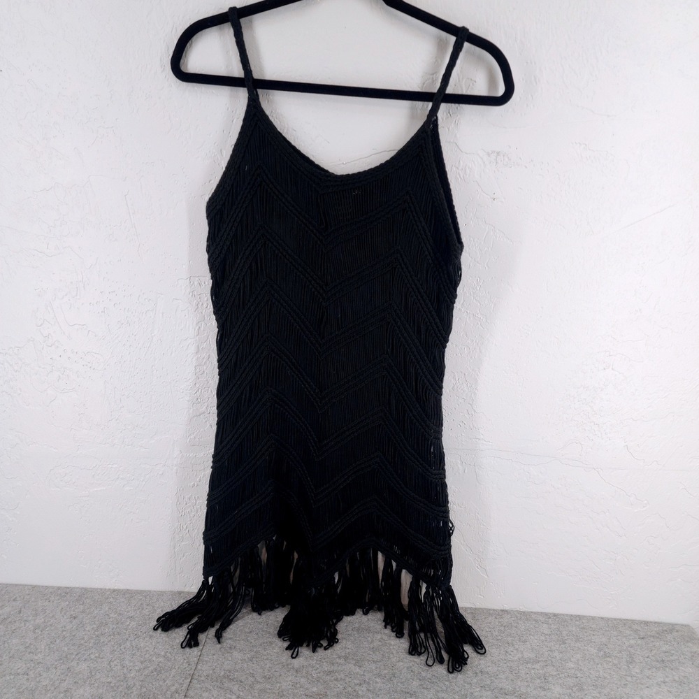 1st Class L/XL | Black Chevron Crochet Fringe Boho Festival Tank Top Women